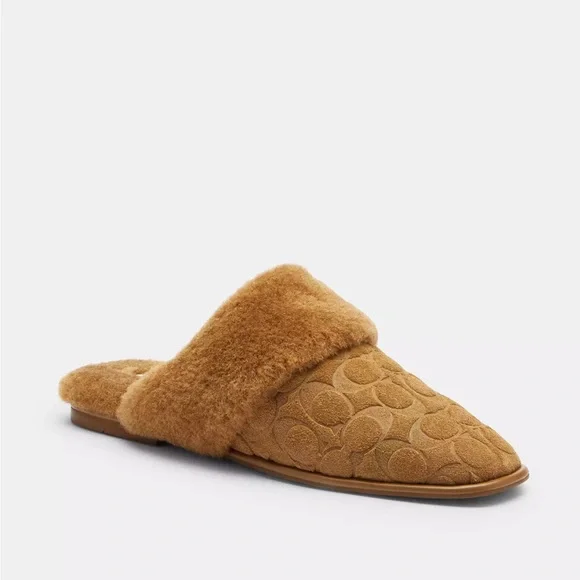 NWT Coach Signature Suede Sherpa Flat Mule size 8 choose Candy Pink or Tobacco - Picture 1 of 10